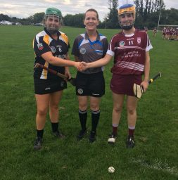 Clarecastle Ballyea captain Jane Flanagan, ref Aine Nic Cormaic and St Joseph’s captain Caoimhe Hoey